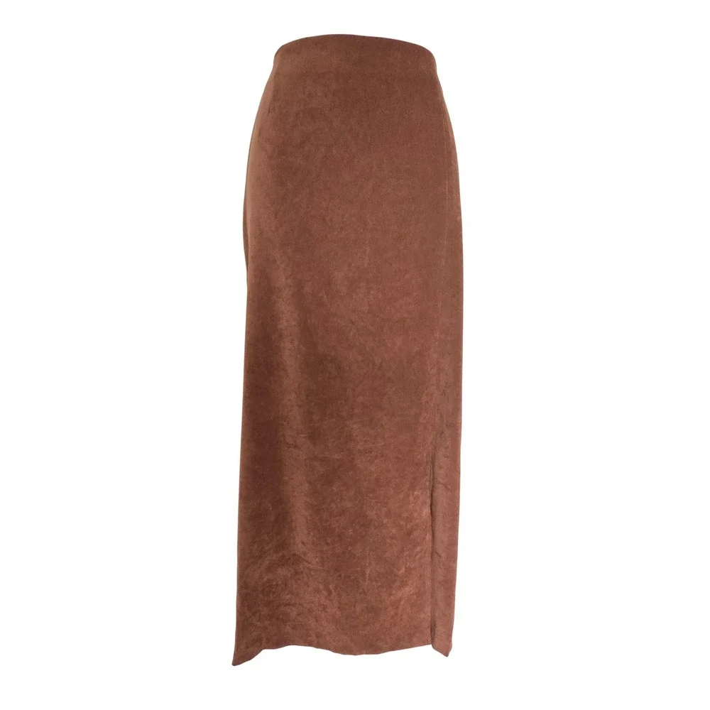 Vintage Y2K Brown Column Maxi Skirt 6 Side Slit Minimalist Fallcore Office Siren